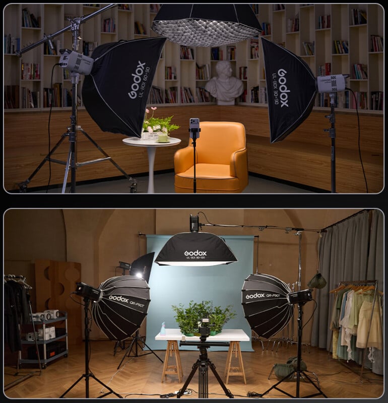 Dos configuraciones de estudio: la parte superior muestra una silla naranja junto a una mesa llena de flores, rodeada de luces y estanterías; la parte inferior muestra una mesa en un estudio fotográfico con vegetación, luces, cámaras y perchas.