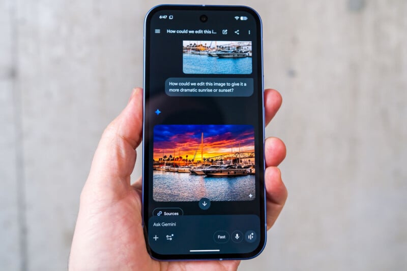 A hand holds a smartphone displaying two images of boats at a marina; the top image has a plain sky, while the bottom one shows a vibrant, dramatic sunset. A chat interface is visible, discussing how to edit the image.