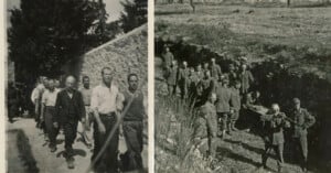 A group of men is marched by soldiers on the left; on the right, soldiers aim rifles at a group of men standing at the edge of a trench in a field, suggesting an execution scene during wartime.