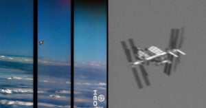Three vertical panels show the International Space Station above clouds in the left image, with two closer, grayscale images on the right highlighting its structure against a gray background.