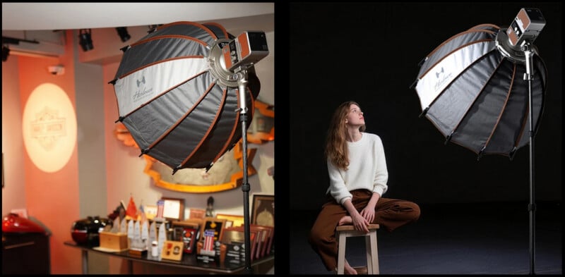  left, a large studio softbox light in a decorated room; right, a woman sits on a stool beneath a similar softbox in a dark studio, looking up at the light.