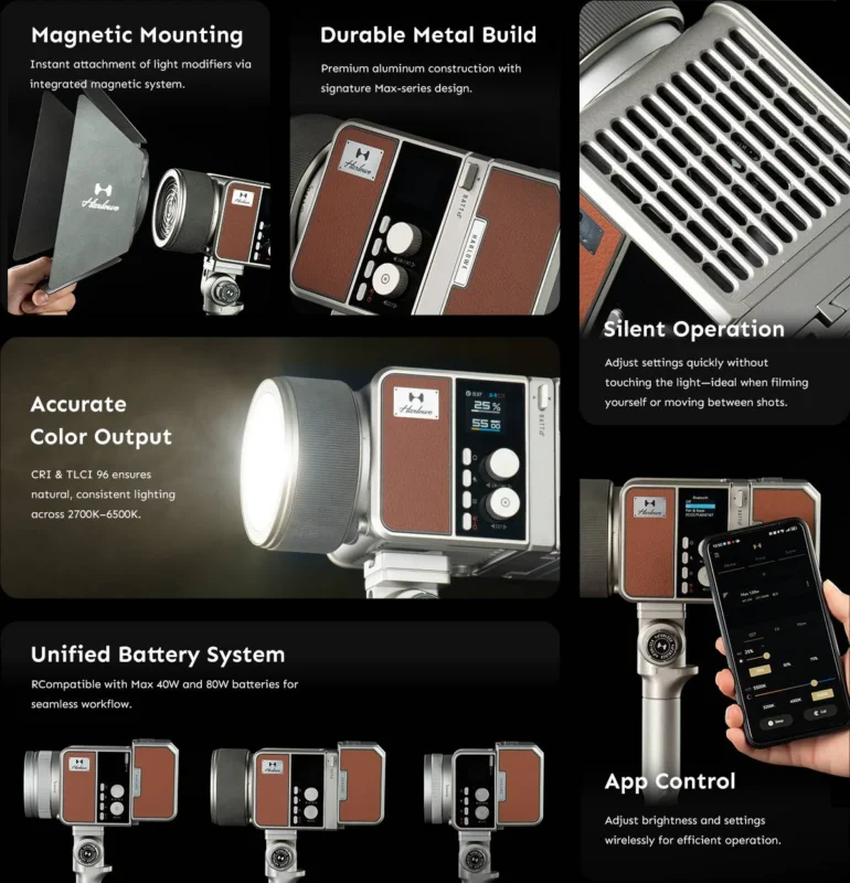A collage displays a professional studio light with features like magnetic mounting, durable metal build, silent operation, accurate color output, unified battery system, and app control shown on a smartphone.