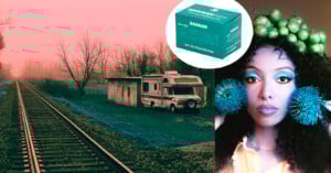 A pink-tinted photo shows train tracks beside an RV and trees, overlaid with a teal film box and a woman with bright makeup, green apples on her head, and blue accessories.