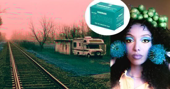 A pink-tinted photo shows train tracks beside an RV and trees, overlaid with a teal film box and a woman with bright makeup, green apples on her head, and blue accessories.