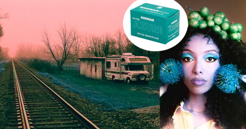 A pink-tinted photo shows train tracks beside an RV and trees, overlaid with a teal film box and a woman with bright makeup, green apples on her head, and blue accessories.