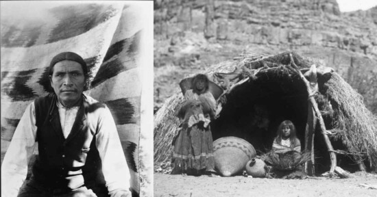 Black-and-white photo with a Native American man in a vest sitting by a patterned blanket on the left, and two women and a girl outside a traditional wickiup shelter with baskets on the right.