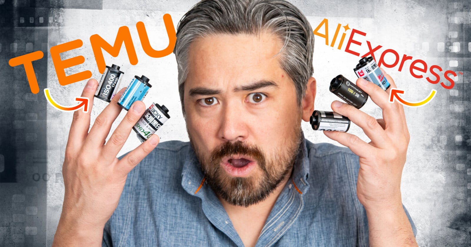 A surprised man holds camera film rolls in both hands. The words "TEMU" and "AliExpress" with arrows point to the film rolls, suggesting a comparison. The background has a film strip design.