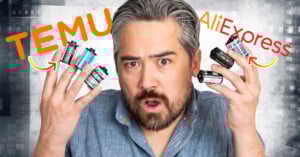 A surprised man holds camera film rolls in both hands. The words "TEMU" and "AliExpress" with arrows point to the film rolls, suggesting a comparison. The background has a film strip design.