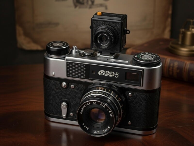 Cámara de película antigua en negro y plata con lente desmontable sobre superficie de madera. Montada en la parte superior hay una pequeña y moderna cámara negra. Detrás de ellos se ven libros antiguos y un fondo borroso.