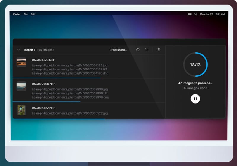 A computer screen displays a photo processing application showing a progress bar, a timer, and a list of image files being processed. The interface is dark-themed with blue, purple, and pink background gradients.