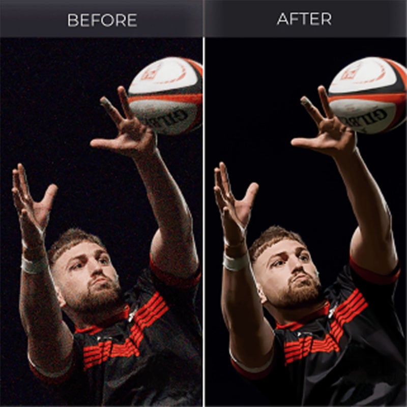 Split image showing a rugby player catching a ball; the left side labeled "Before" is dim and less sharp, while the right side labeled "After" is brighter and clearer with enhanced details.