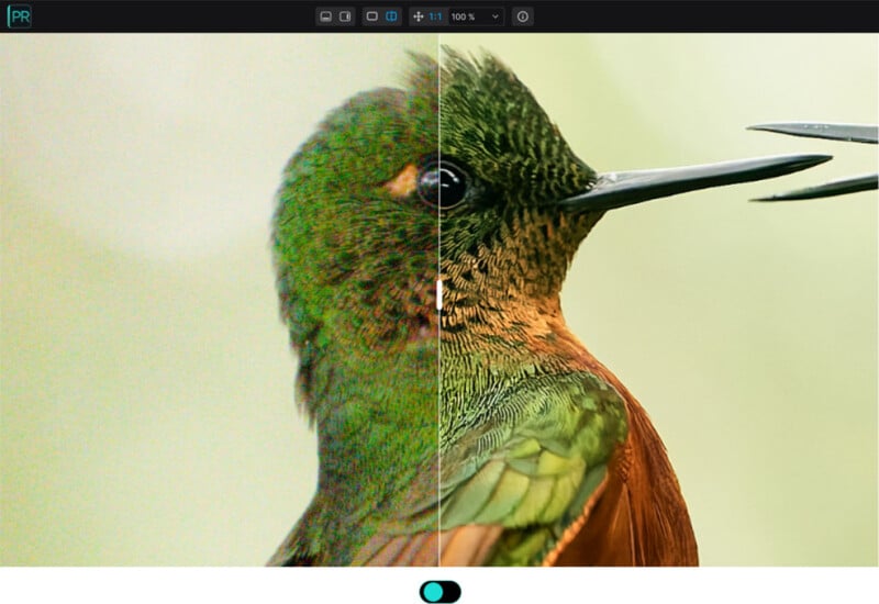 Close-up of a hummingbird, with the image split down the middle to show a comparison between a low-resolution (left) and high-resolution (right) version, highlighting detailed feathers and colors on the right side.