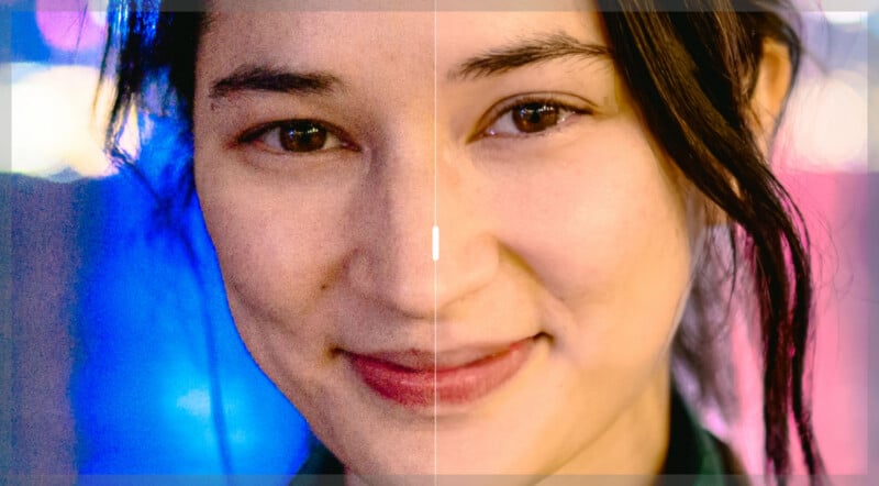  the left side is grainy and less clear, while the right side is sharp and vibrant, illustrating a before-and-after image enhancement.