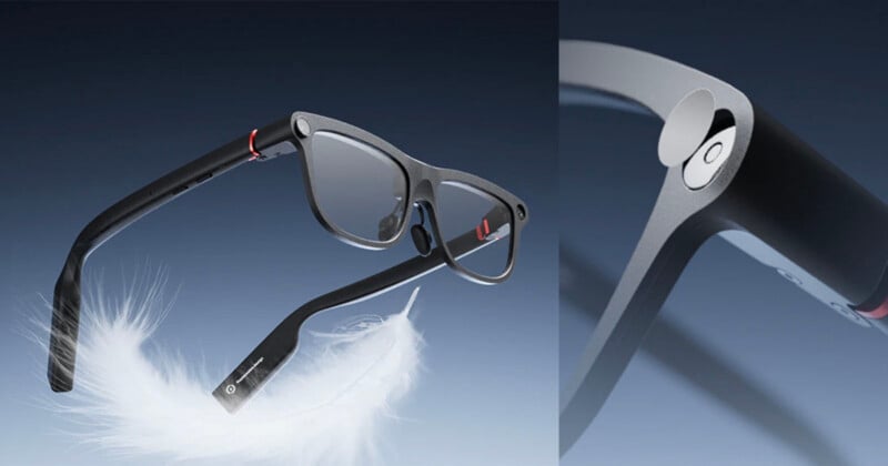 A pair of modern, black-rimmed smart glasses floats above a white feather, highlighting their lightweight design; a close-up shows a button detail on the glasses’ hinge.