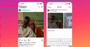 Two smartphone screens show Instagram. The left screen displays a post of two people sitting together; the right screen shows the editing interface for a multi-photo post with text entry and photo reordering.