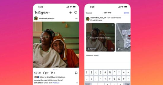 Two smartphone screens show Instagram. The left screen displays a post of two people sitting together; the right screen shows the editing interface for a multi-photo post with text entry and photo reordering.