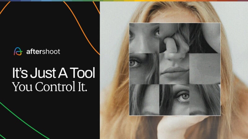 La imagen digital de Aftershoot muestra el rostro de una mujer parcialmente oscurecido por un collage de primeros planos de rostros en blanco y negro. El texto es el siguiente: "Esto es sólo una herramienta. Tú lo controlas." Líneas de colores sobre fondo negro.
