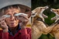On the left, an older person holds two small fish in front of their eyes, smiling. On the right, two foxes stand on hind legs with mouths open, appearing to playfully spar or yell at each other.