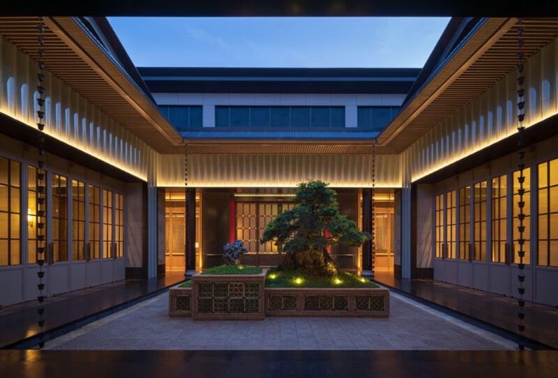 A modern courtyard at dusk with warm lighting, featuring a central raised planter with a sculpted tree and greenery, surrounded by glass doors and decorative columns.