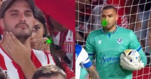 A split image shows a soccer fan and a goalkeeper with green laser dots on their faces, indicating someone is pointing a laser at them during a match. The fan wears a red and white shirt; the goalkeeper holds a ball.