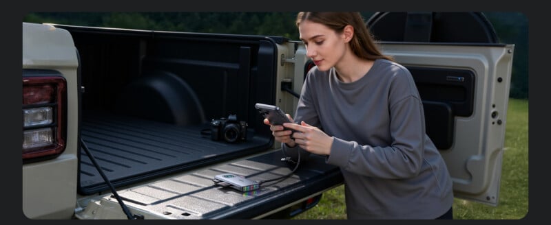 Una mujer se encuentra junto a un portón trasero abierto, usando un teléfono inteligente, mientras se colocan un banco de energía y una cámara en la plataforma del camión. Parecía concentrada en un escenario al aire libre con un telón de fondo verde.