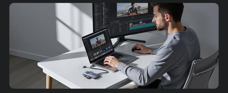 Un hombre se sienta en su escritorio y edita vídeos usando una computadora portátil y un monitor externo. El software de edición estaba abierto en ambas pantallas y había un concentrador USB con cables de conexión sobre la mesa.