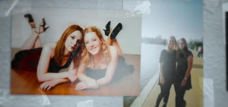 Two women in black dresses lie side by side on a wooden floor, smiling at the camera. Another photo beside them shows the same women standing outdoors by the water, both dressed in black.