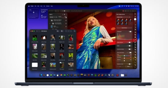 A laptop screen displays a photo editing program with a photo of a person in a shiny blue dress posing indoors; editing tools and a folder of image thumbnails are open over the background.