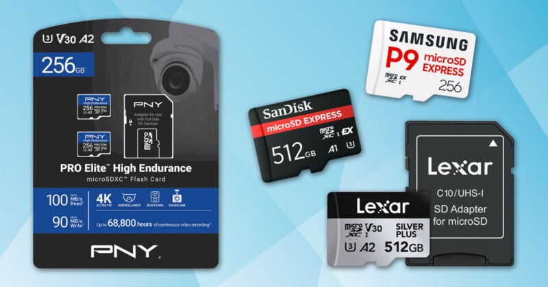 Una selección de tarjetas microSD de marcas como PNY, SanDisk, Samsung y Lexar se muestran empaquetadas y también sueltas junto a los adaptadores SD de Lexar, sobre un fondo gráfico azul.