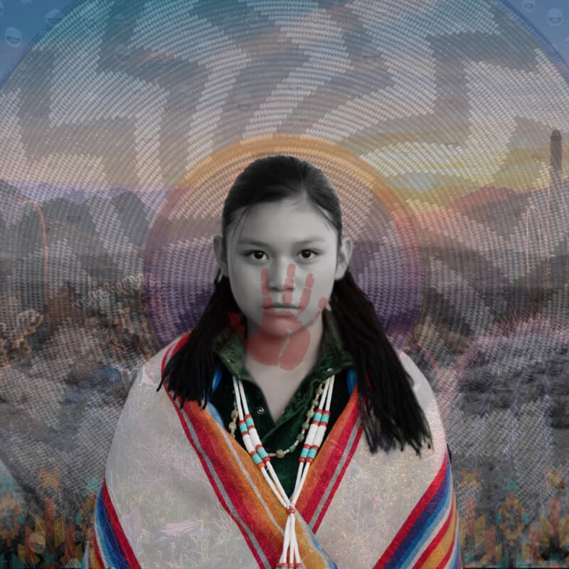 A young person with long dark hair and traditional clothing stands facing forward. Their portrait is overlaid with a red handprint on their face, a woven pattern, and a desert landscape in the background.