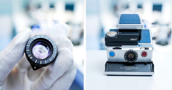 Close-up of a gloved hand holding a camera lens (left), and a vintage Polaroid SX-70 Land Camera Alpha 1 with a MINT lens attached, displayed on a white surface (right).