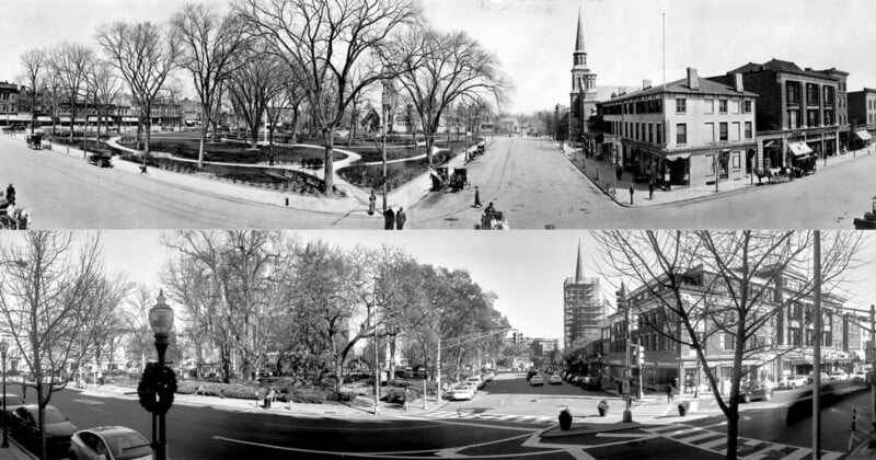Dos fotografías panorámicas en blanco y negro muestran la misma plaza de la ciudad con décadas de diferencia, con un parque en el centro y calles circundantes, edificios históricos, árboles y personas visibles en ambas fotografías; La escena en la parte superior parece más antigua.