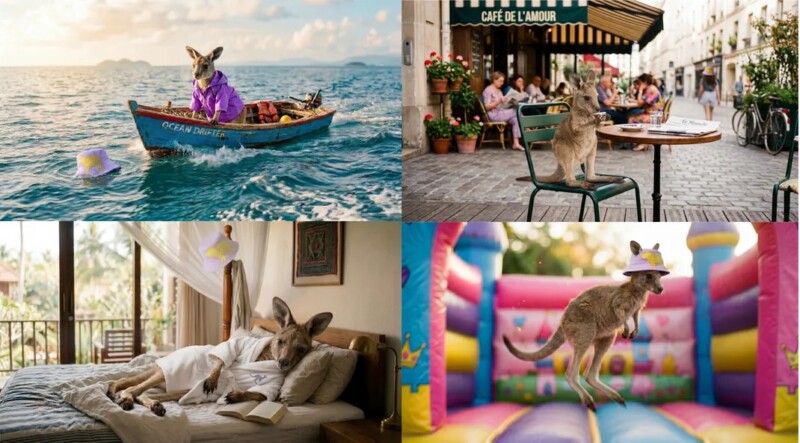  rowing a boat, sitting at a café table, reading in bed, and jumping in a bouncy castle, all in playful, whimsical settings.