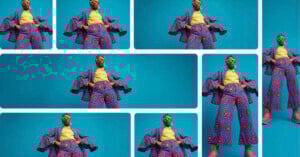 A person in a bold, colorful suit with pink swirl patterns stands confidently against a blue background, shown multiple times in a collage with rounded white borders.