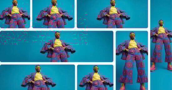 A person in a bold, colorful suit with pink swirl patterns stands confidently against a blue background, shown multiple times in a collage with rounded white borders.