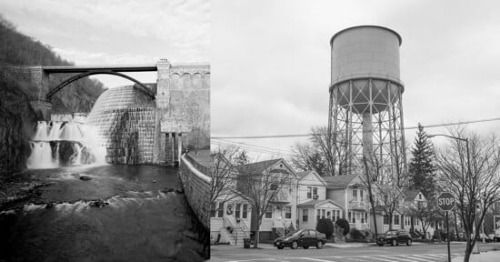 Split image: Left side shows a dam with water cascading down steps beneath a bridge; right side shows a large water tower above houses at a street corner with a stop sign, trees, and parked cars. Both are in black and white.