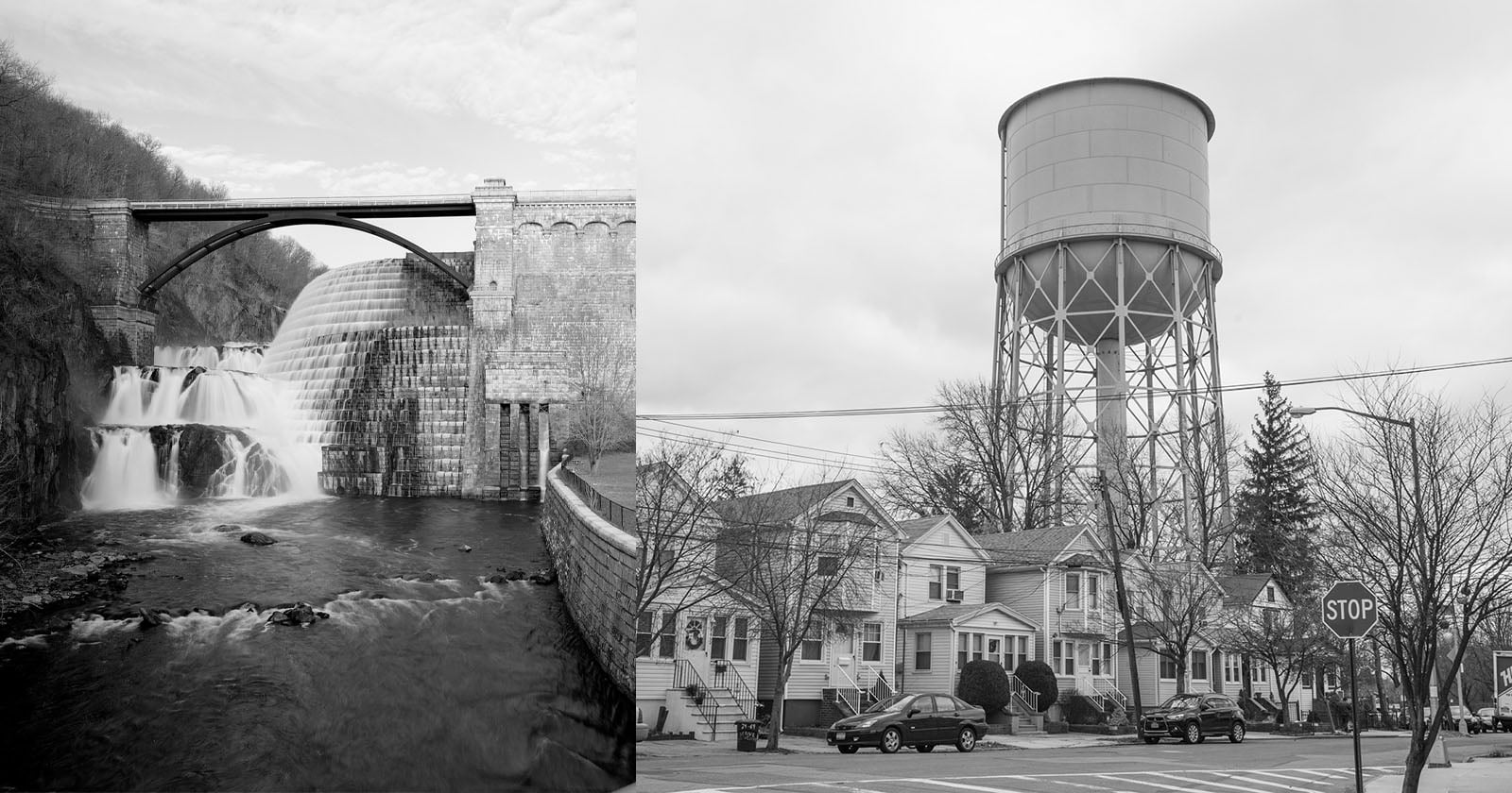 Split image: Left side shows a dam with water cascading down steps beneath a bridge; right side shows a large water tower above houses at a street corner with a stop sign, trees, and parked cars. Both are in black and white.