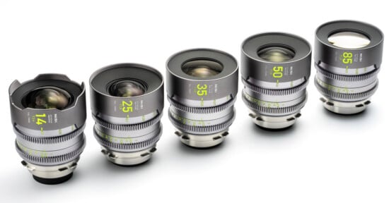 Five silver camera lenses are arranged in a diagonal row on a white surface, each labeled with different focal lengths: 14mm, 25mm, 35mm, 50mm, and 85mm, with green and white markings on the barrels.
