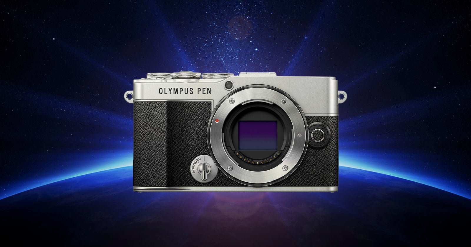 A silver and black Olympus PEN camera is displayed against a cosmic background, with rays of light and a view of Earth’s horizon in space.