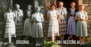 A split image shows four women standing side by side. The left side is an old, blurry black-and-white photo labeled “Original.” The right side is a clear, color-restored version labeled “ON1 Restore AI.”.