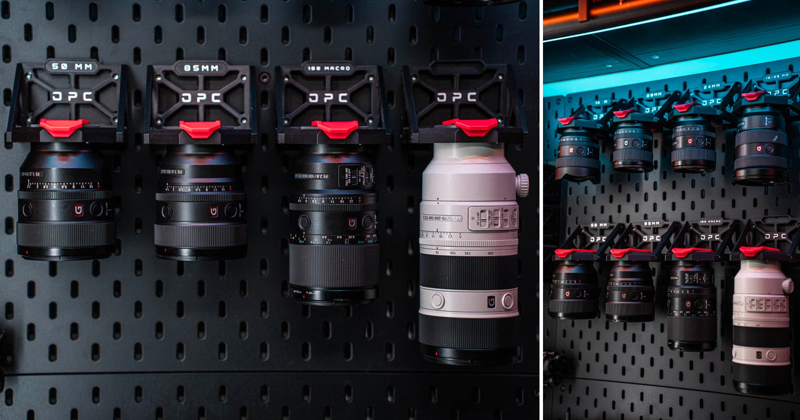 Camera lenses of various sizes and focal lengths are organized and mounted on a black perforated wall rack, with labels above indicating specifications such as 50mm, 65mm, and 100mm macro.