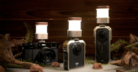 Three cameras with small, glowing lanterns mounted on top are displayed on a wooden surface, surrounded by ferns and pieces of wood, against a wooden backdrop.