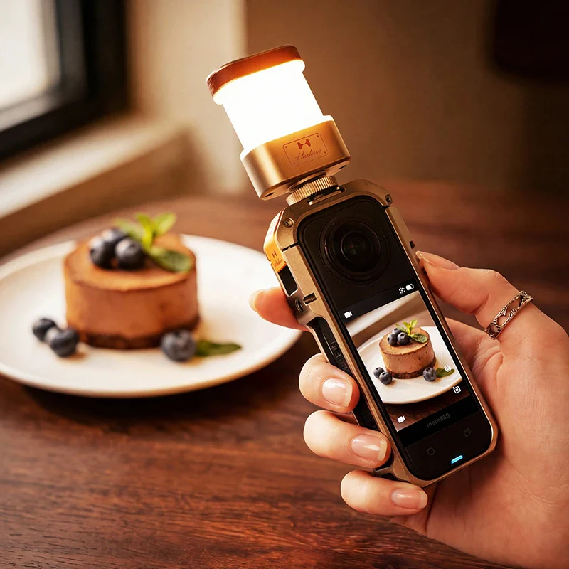 Una mano sostiene una cámara con accesorio de iluminación, fotografiando un postre con arándanos y menta en un plato cerca de la ventana.