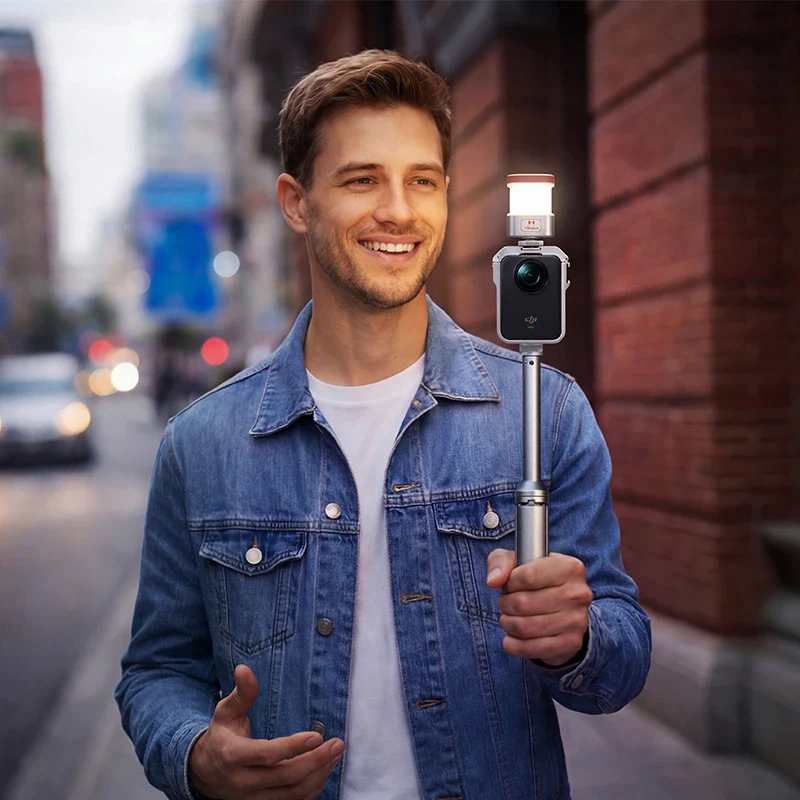 Un joven sonriente con una chaqueta vaquera sosteniendo una cámara selfie con una luz se encuentra en una calle de la ciudad con edificios borrosos y gente en el fondo.