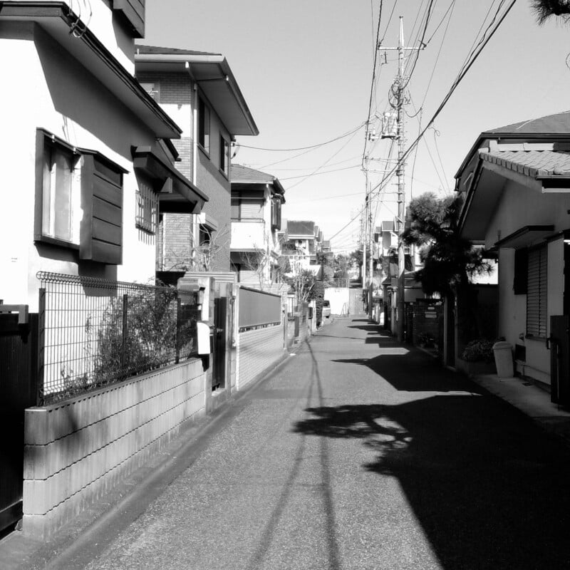 La fotografía en blanco y negro muestra una tranquila calle residencial bordeada de casas, cercas y postes para líneas eléctricas aéreas, proyectando sombras en la carretera vacía bajo un cielo despejado.