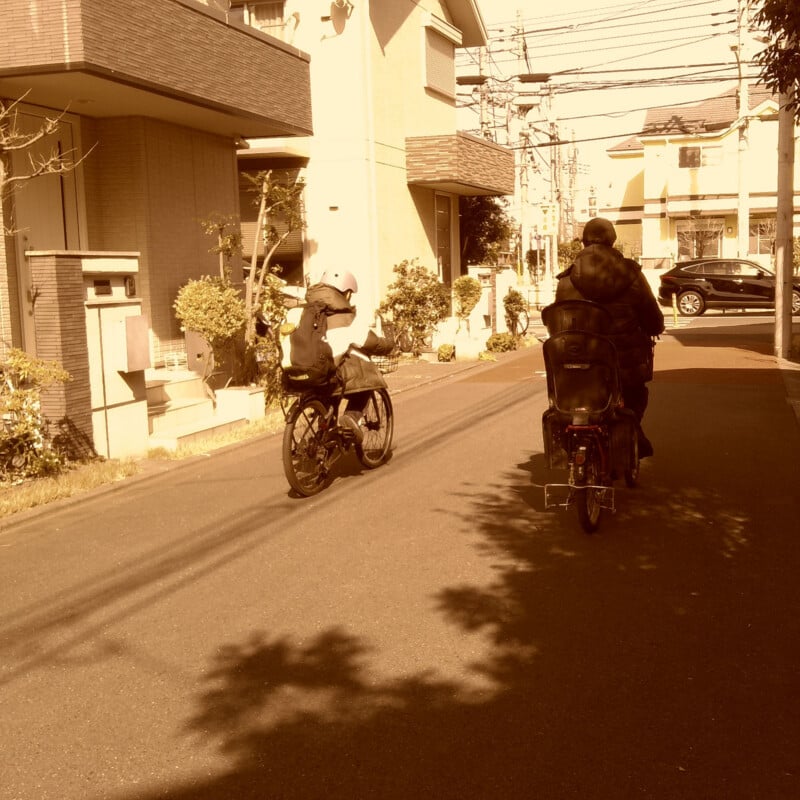 Dos personas andan en bicicleta por una tranquila calle residencial llena de casas y vegetación, proyectando sombras de tonos marrones oscuros en la carretera.