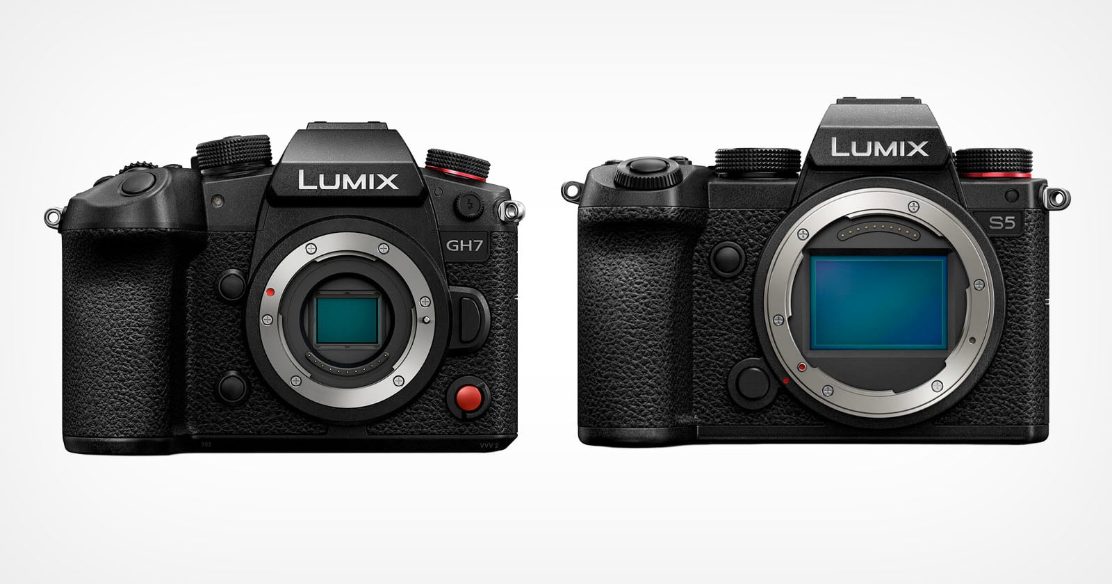 Two black Lumix digital cameras, the GH7 (left) and S5 (right), are displayed side by side facing forward, showing their lens mounts and sensors against a plain white background.