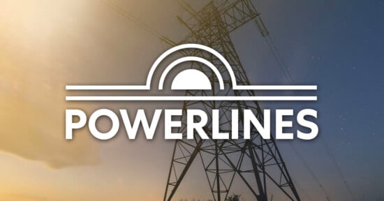 A tall electrical powerline tower stands against a blue and yellow sky, with the word "POWERLINES" and a stylized sunrise logo overlaid in white.