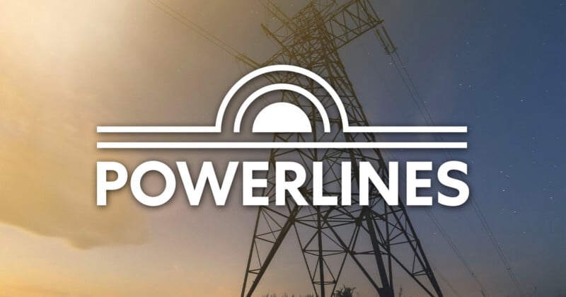 A tall electrical powerline tower stands against a blue and yellow sky, with the word "POWERLINES" and a stylized sunrise logo overlaid in white.