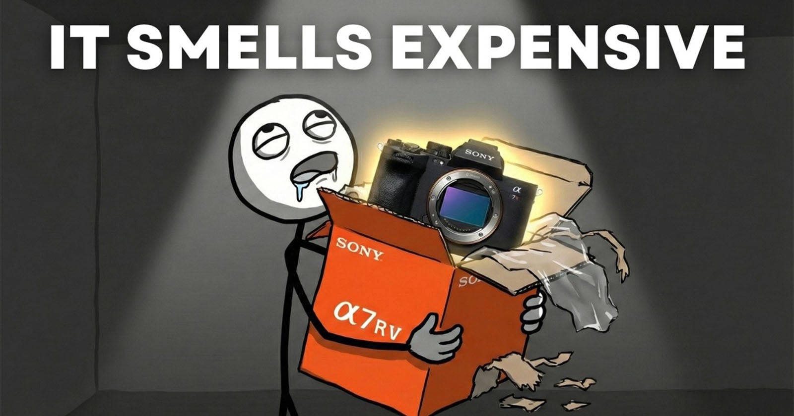A cartoon character drools while holding a glowing Sony α7R V camera box, surrounded by torn packaging. Large text above reads, "IT SMELLS EXPENSIVE.